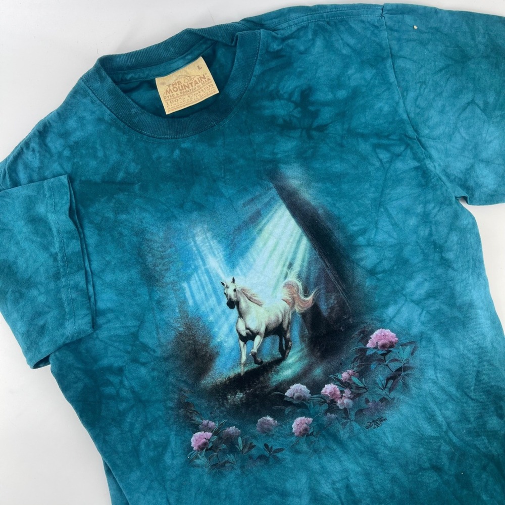 The Mountain Youth Horse Tie Dye T-Shirt Teal Kirk Reinert Graphic Tee Size L